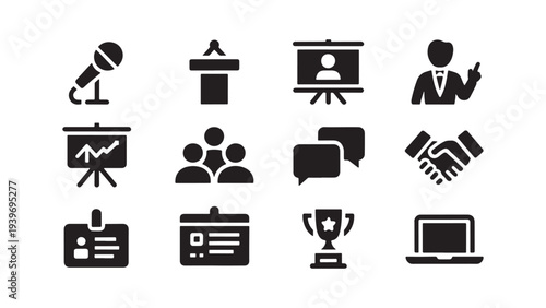 Business Conference and Corporate Event Icon Set for Seminar, Presentation, and Professional Networking Application Design