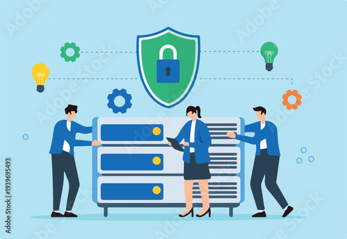 Flat illustration of three people building secure network around server to prevent cyberattacks with encryption and cybersecurity protocols