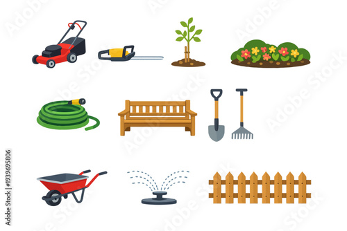 Garden tools and equipment icons for lawn care and landscaping