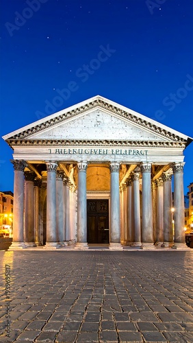 A classical architectural marvel. The facade of an ancient temple, with a grand colonnade, stands beneath a starlit night