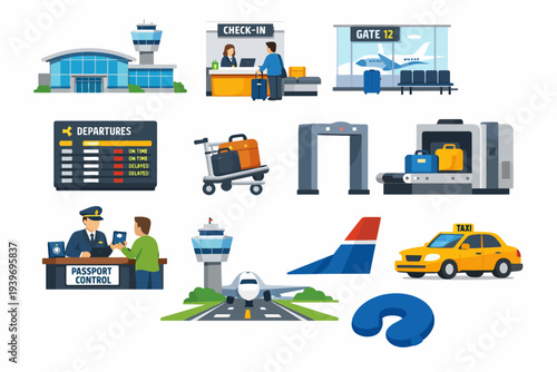 Airport journey: check-in, security, and departure illustrations
