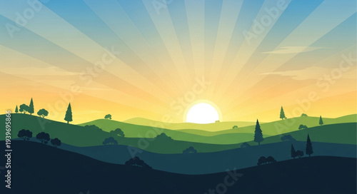 Beautiful Sunrise Over Rolling Hills and Countryside Landscape.