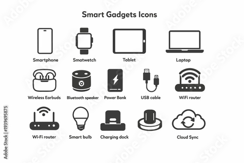 Smart gadgets icons collection: smartphone, smartwatch, tablet, laptop, and more