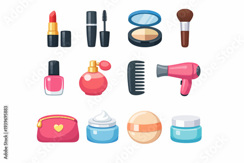 Collection of makeup and beauty tools including lipstick, mascara, comb, and more