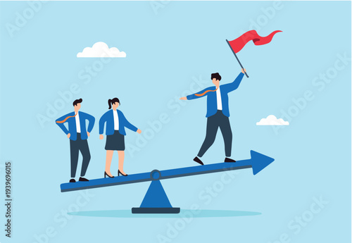 Flat illustration of businessman leader balancing on seesaw arrow with flag while supported by team members to lead stable progress and direction