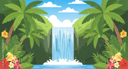 Lush Tropical Jungle with Waterfall and Greenery.