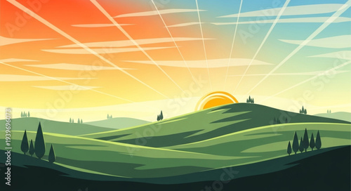 Serene Sunrise Over Rolling Green Hills Landscape.