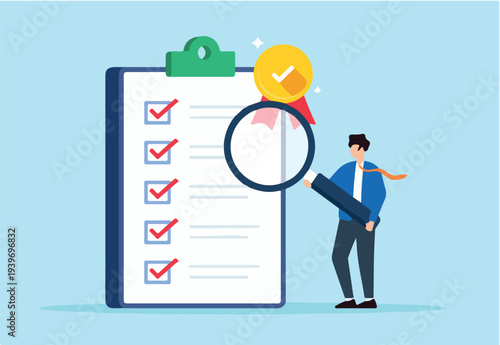 Flat illustration of businessman inspect standard QC badge document with magnifying glass quality control checklist certified approval