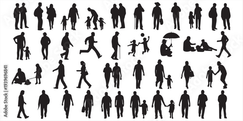 A collection of black silhouettes of people in various poses and groups isolated on white background, Vector