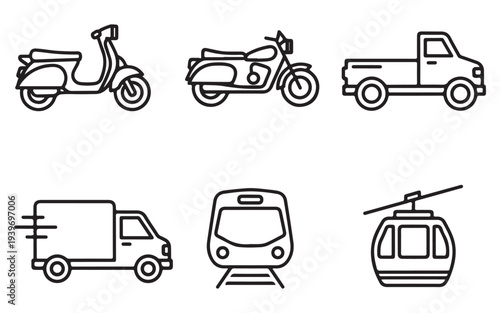 Assorted line drawings of various modes of transportation and vehicles