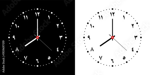 Analog wall clock face showing eastern Arabic numerals with hour, minute markers, minimalist black and white design concept for time management, scheduling, and deadline concept. Vector illustration.