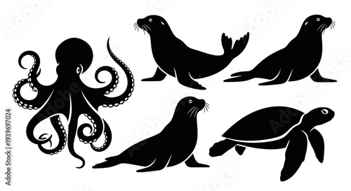 Marine Animals Silhouettes Set: Octopus, Seals, and Sea Turtle Isolated on White Background
