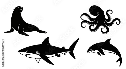 Marine Animals Silhouettes Set: Sea Lion, Octopus, Shark, and Dolphin Icons