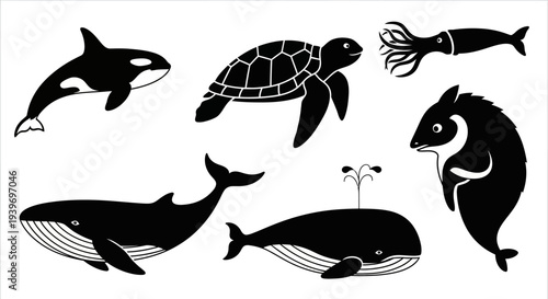 Marine Animals Silhouettes Set: Orca, Whale, Turtle, Squid, and Dolphin Icons