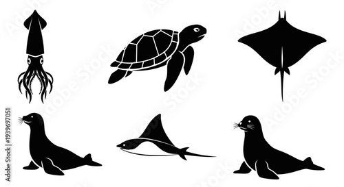 Marine Animals Silhouettes Set: Sea Turtle, Squid, Manta Ray, Seals, and Stingray Icons