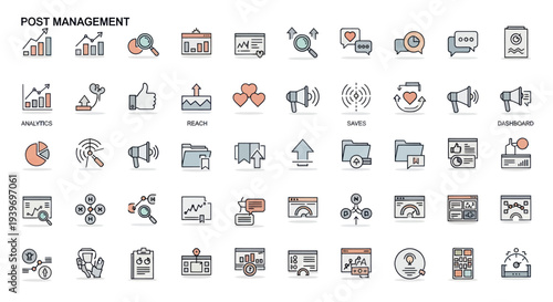 Post Management Icon Set: Marketing Analytics and Communication Tools.