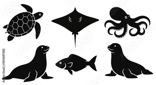 Marine Animals Silhouettes Set: Turtle, Ray, Octopus, Seal, Fish, Sea Lion Icons