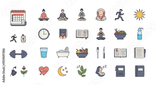 Vibrant Collection of Wellness and Healthy Lifestyle Icons for Daily Routine and Mindfulness.