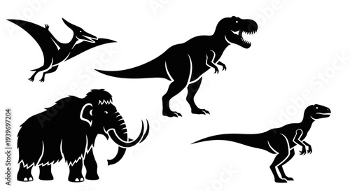 Prehistoric Animal Silhouettes Collection: Dinosaur and Mammoth Vector Illustrations