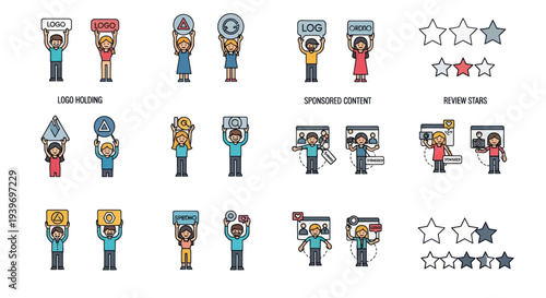 Collection of Cartoon Figures Holding Signs and Rating Stars.