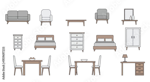 A collection of home furniture icons in a flat line art style for interior design.