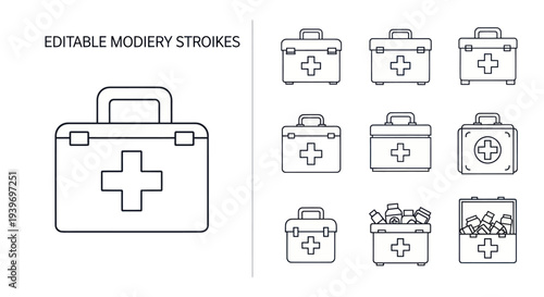 First Aid Kit Outline Icons: Medical Supplies Emergency Care and Healthcare Equipment.