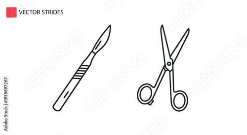 Medical Surgical Instruments Line Art Icons: Scalpel and Scissors.