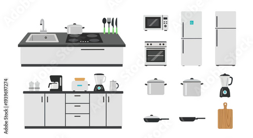 Kitchen Appliances and Furniture: A Collection of Essential Cooking and Storage Items.