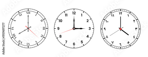 Analog wall clock faces set featuring roman, and eastern arabic numerals, timepiece collection with hour, minute, and second hands isolated on transparent background. Vector illustration.