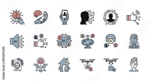 Set of Artificial Intelligence and Technology Icons with Digital Concepts.
