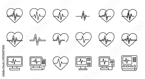 A set of black and white line art icons depicting heartbeats cardiograms and medical EKG monitors.