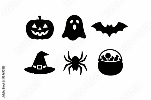 Halloween symbols: pumpkin, ghost, bat, witch hat, spider, cauldron icons