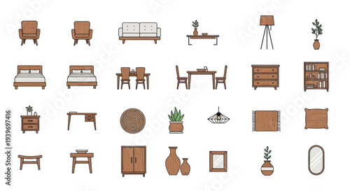 A colorful line art icon set of modern wooden furniture and home interior decor elements.