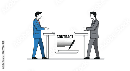 Two businessmen discussing a contract document on a table symbolizing agreement.