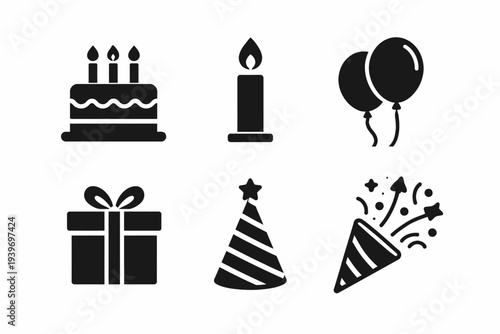 Celebration icons: cake, candle, balloons, gift, party hat, and confetti popper