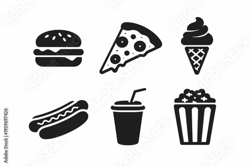Variety of fast food icons: burger, pizza, ice cream, hot dog, drink, popcorn