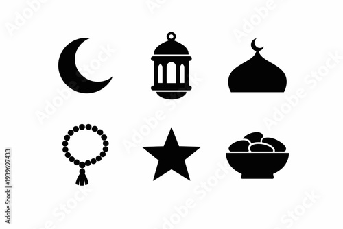 Islamic symbols: crescent, lantern, mosque dome, prayer beads, star, dates bowl icons