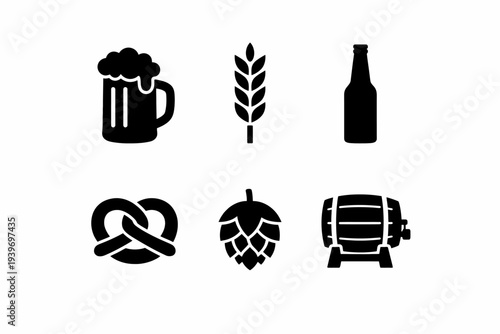 Beer and brewing icons collection featuring mug, grain, bottle, pretzel, hop cone, and keg
