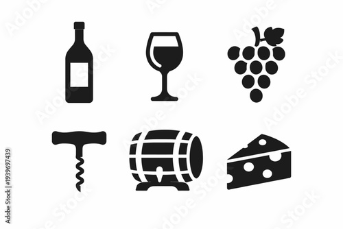 Wine and cheese icons: bottle, glass, grapes, corkscrew, barrel, cheese