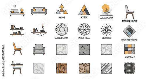 Collection of Interior Design Elements: Furniture Patterns and Decorative Objects.