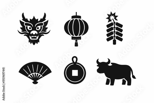 Traditional chinese symbols: dragon, lantern, firecracker, fan, coin, ox silhouettes