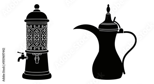 Traditional Arabic Dallah Coffee Pot and Water Dispenser Vector Illustration Set in Black Silhouette Style for Cultural Designs