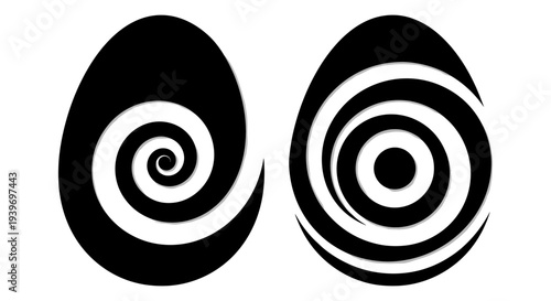 Set of 2 Black and White Spiral Egg Vector Illustrations for Abstract Design, Hypnosis, or Optical Illusion Concepts