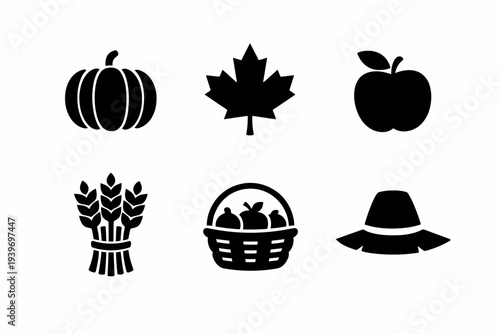 Autumn harvest symbols: pumpkin, maple leaf, apple, wheat, basket, hat icons