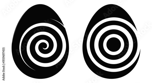 Set of 2 Black and White Abstract Spiral Egg Vector Icons for Easter, Hypnosis, or Creative Design Elements