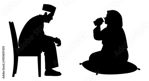 Black Silhouette Vector Illustration of a Man Sitting on a Chair and a Woman Sitting on a Pillow Drinking, Representing Conversation or Social Interaction