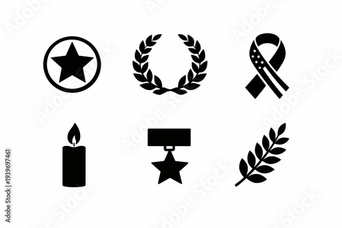 Military honor symbols: star, laurel, ribbon, candle, medal, olive branch