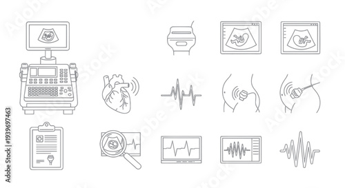 A set of hand-drawn line art icons for medical diagnostics including ultrasound sonogram and electrocardiogram.