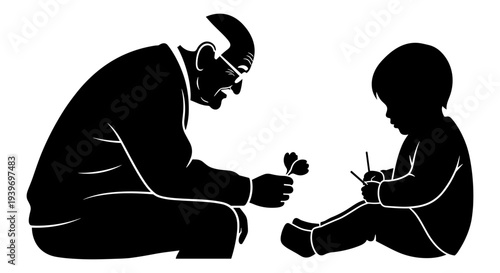 Black and white vector silhouette illustration of a grandfather giving a flower to a small child, symbolizing family, love, and generational connection.