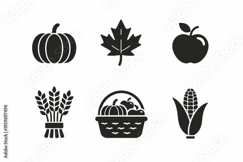 Autumn symbol collection: pumpkin, maple leaf, apple, wheat, basket, corn icons